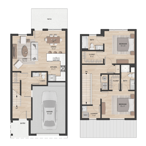2 bedroom townhome floorplan in Hudsonville, MI | Elmwood Lake Apartments in Hudsonville MI